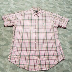 Ralph Lauren Shirt Mens Medium Pink  Classic Fit Plaid Short Sleeve Button-Up